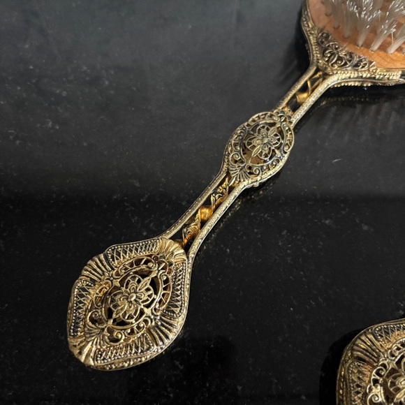 Vintage Brass Filigree & Floral Needlepoint Embroidered Mirror, Brush Vanity Set - Picture 3 of 16